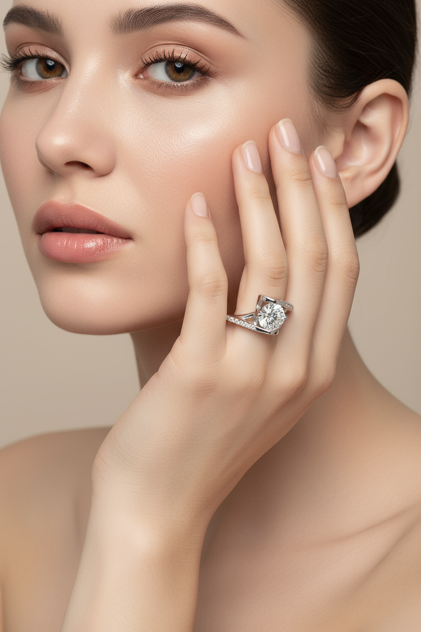 Close-up of a woman's hand wearing a diamond ring on a neutral background