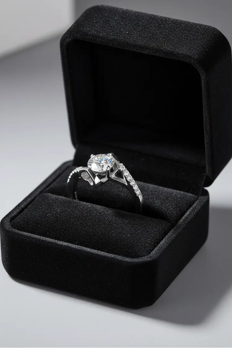 Diamond ring in a black velvet box on a light gray background