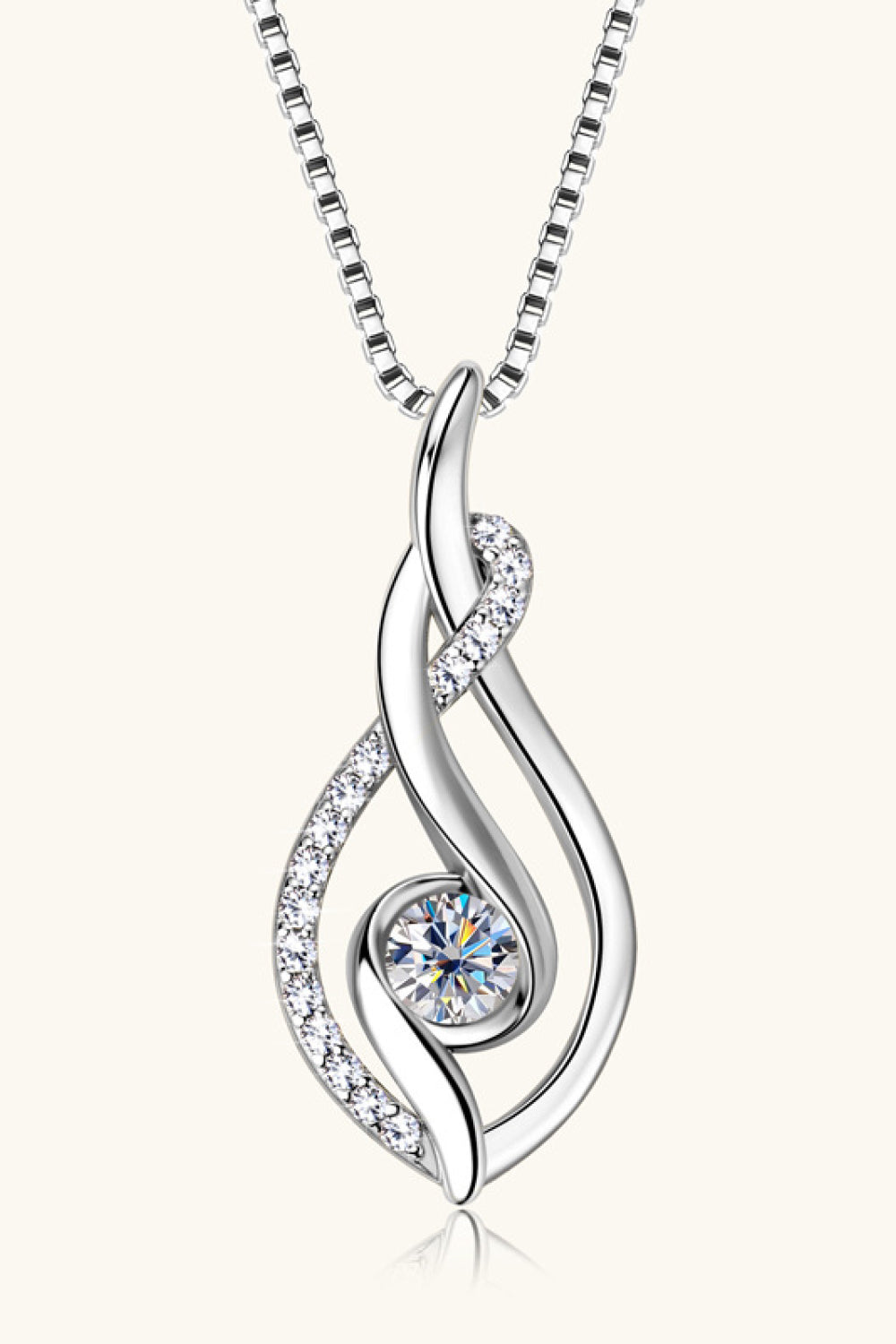 Silver necklace with a Swarovski crystal pendant on a white background