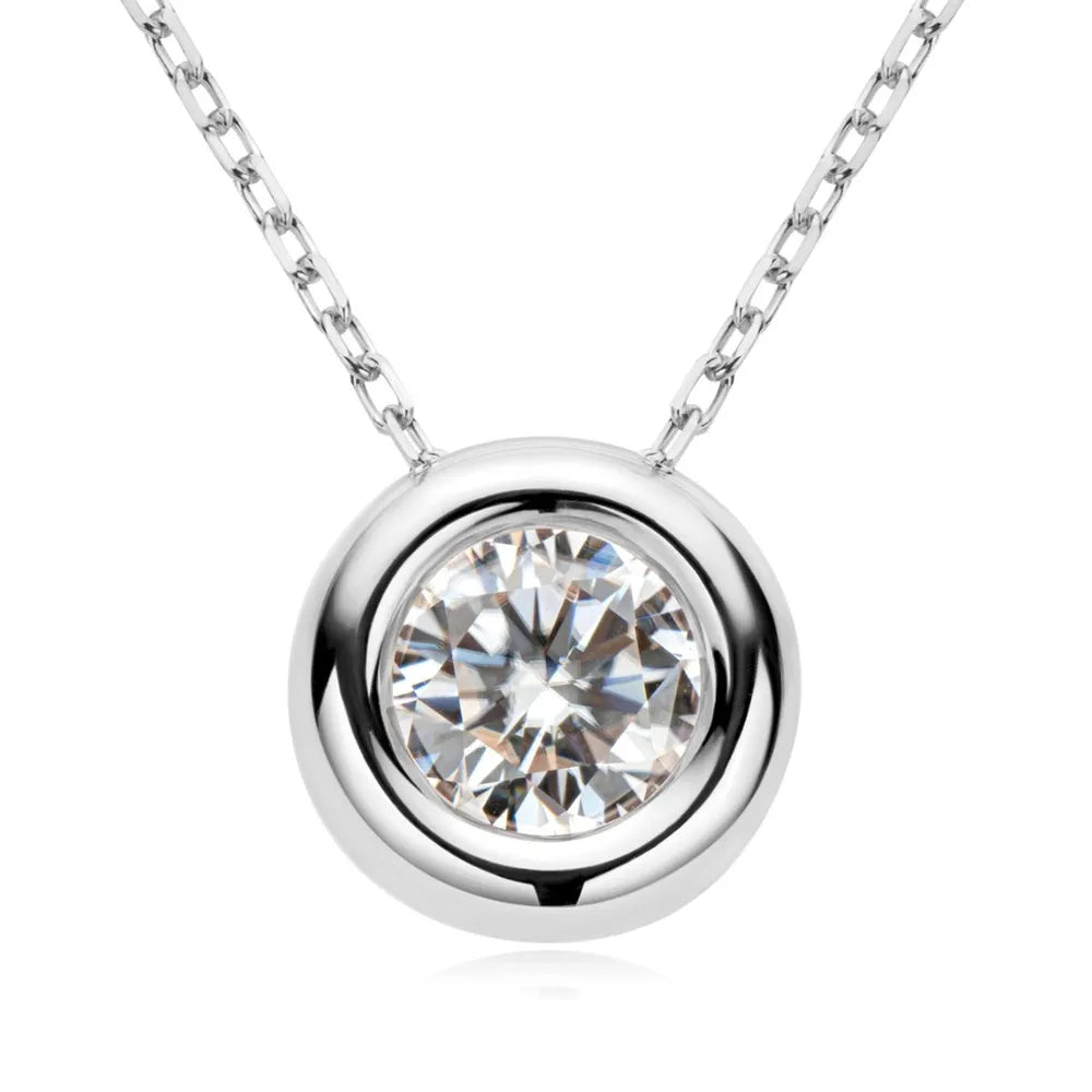 Silver necklace with a round diamond pendant on a white background