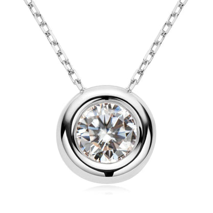 Silver necklace with a round diamond pendant on a white background