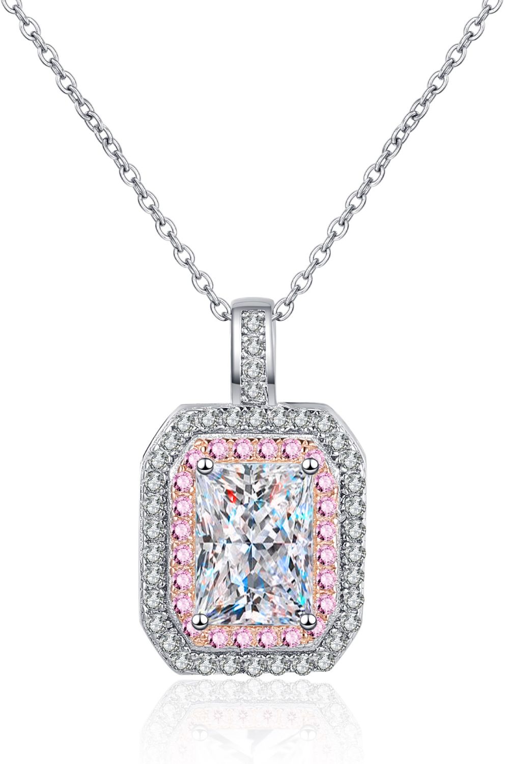 Diamond pendant with pink accents on a white background