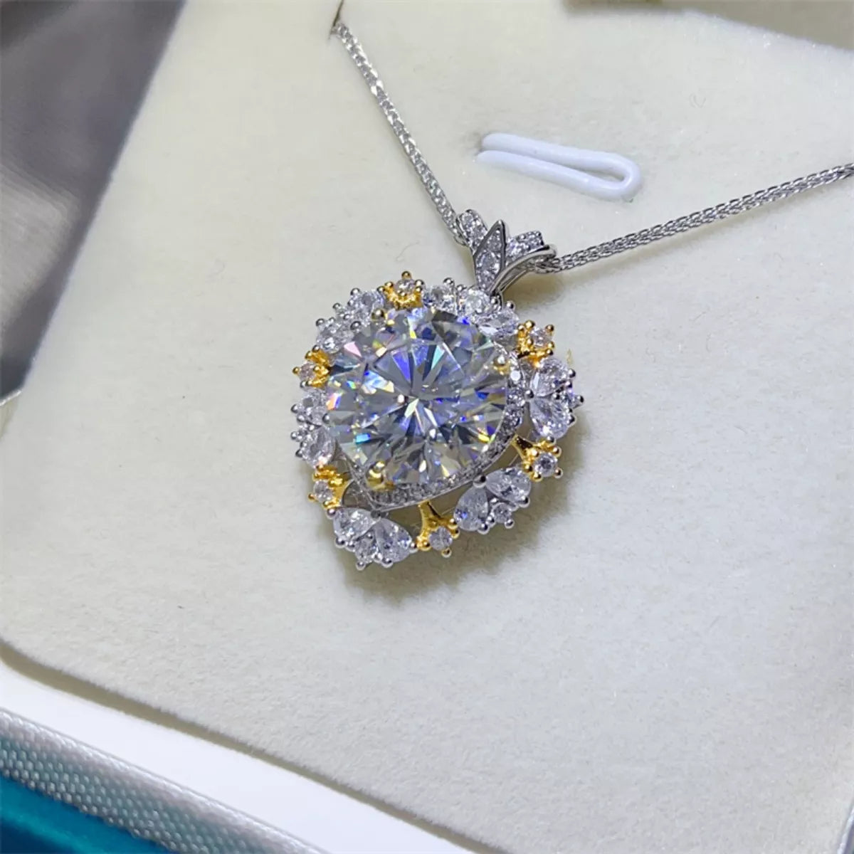 Diamond necklace on a white cushion