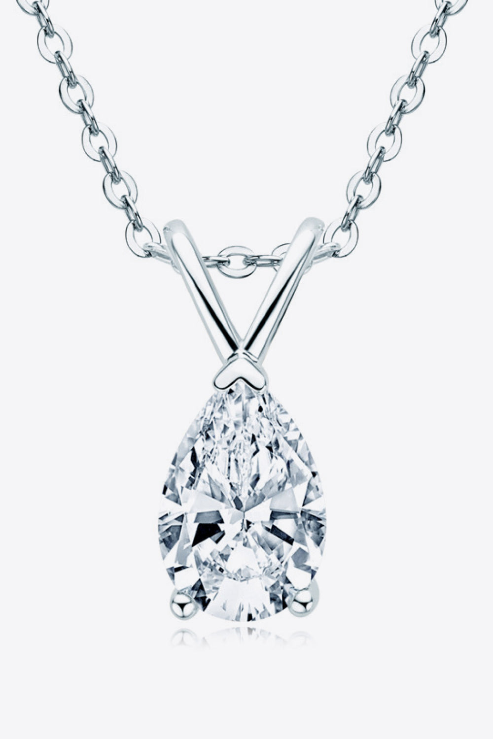 Diamond necklace with a pear-shaped pendant on a white background