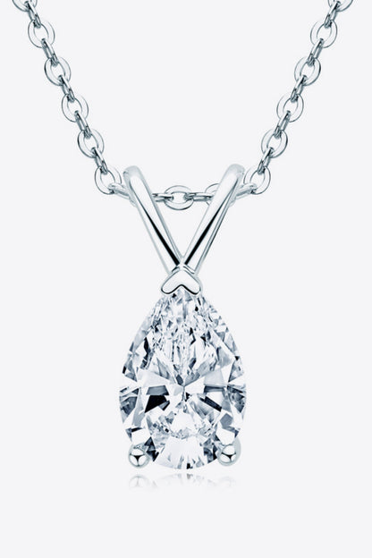 Diamond necklace with a pear-shaped pendant on a white background