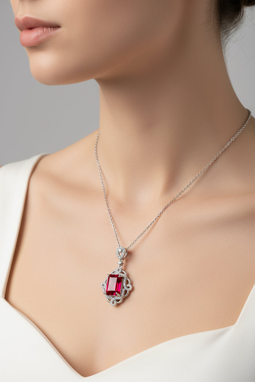 Necklace with a red pendant on a mannequin