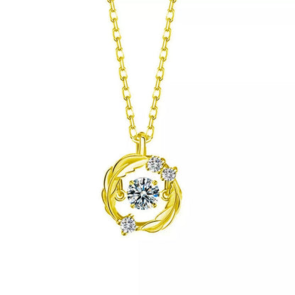 Gold necklace with a circular pendant featuring a central diamond and smaller diamonds on a white background