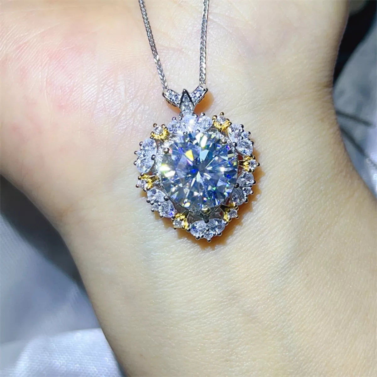 Diamond necklace on a person's neck