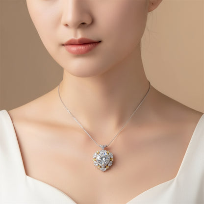Close-up of a woman wearing a diamond necklace on a beige background