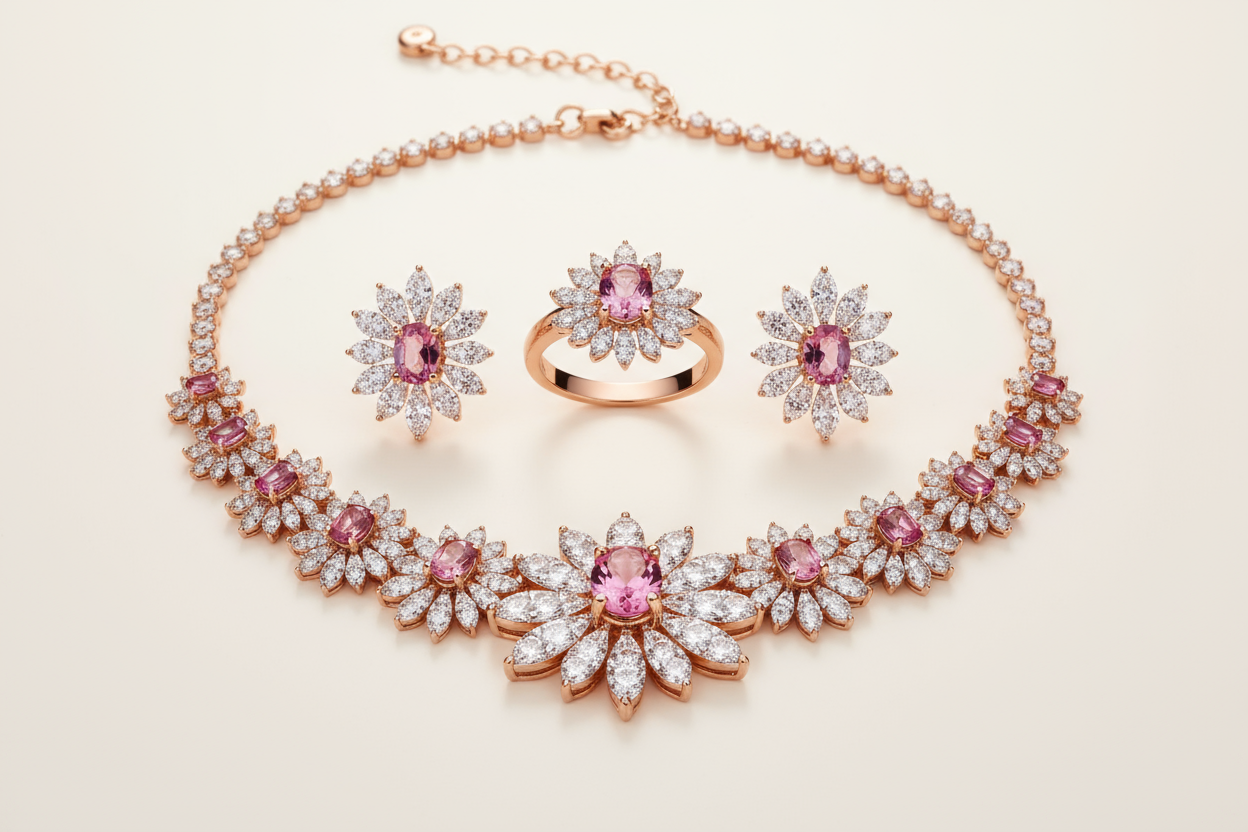 High-resolution product photo of luxury jewelry, including necklace,ring, and earrings — elegant, cohesive, and shining under soft lighting. 
Background: neutral beige or light cream (no shadows, no watermark, no background clutter). 
Style: minimalistic, studio photography, luxury product catalog aesthetic. 
Material: polished gold or rose gold with sparkling diamonds or gemstones. 
Composition: items arranged neatly and symmetrically, sharp focus, warm tone lighting, soft reflections. 
Aspe