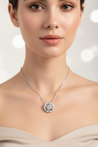 Close-up of a woman wearing a silver necklace with a round pendant against a soft background